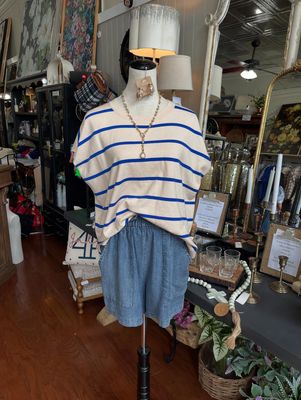 Oatmeal &amp; Blue Stripe Short Sleeve Sweater