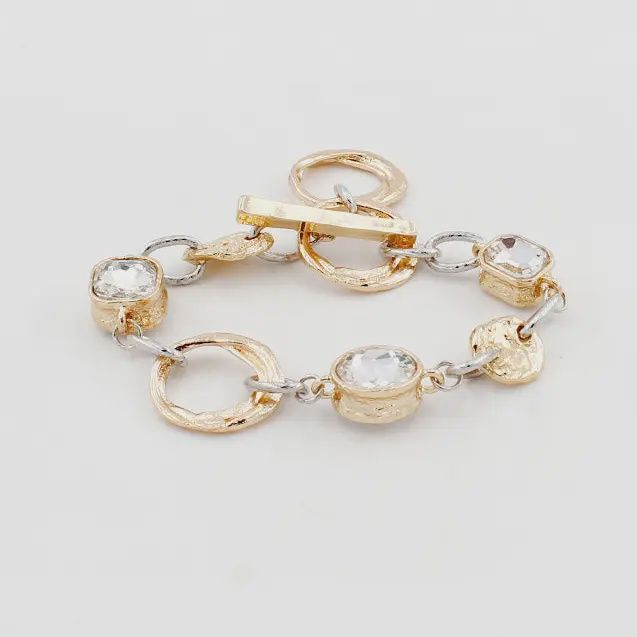Gold &amp; Silver Textured Open Circles w. Clear Stone Bracelet