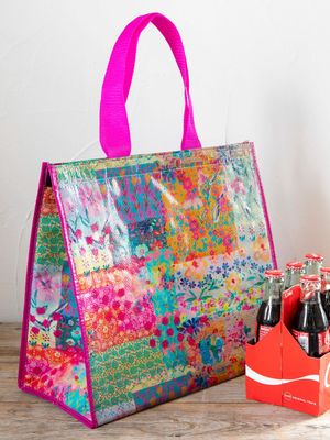 Pink Watercolor Patchwork Insulated Cooler Tote