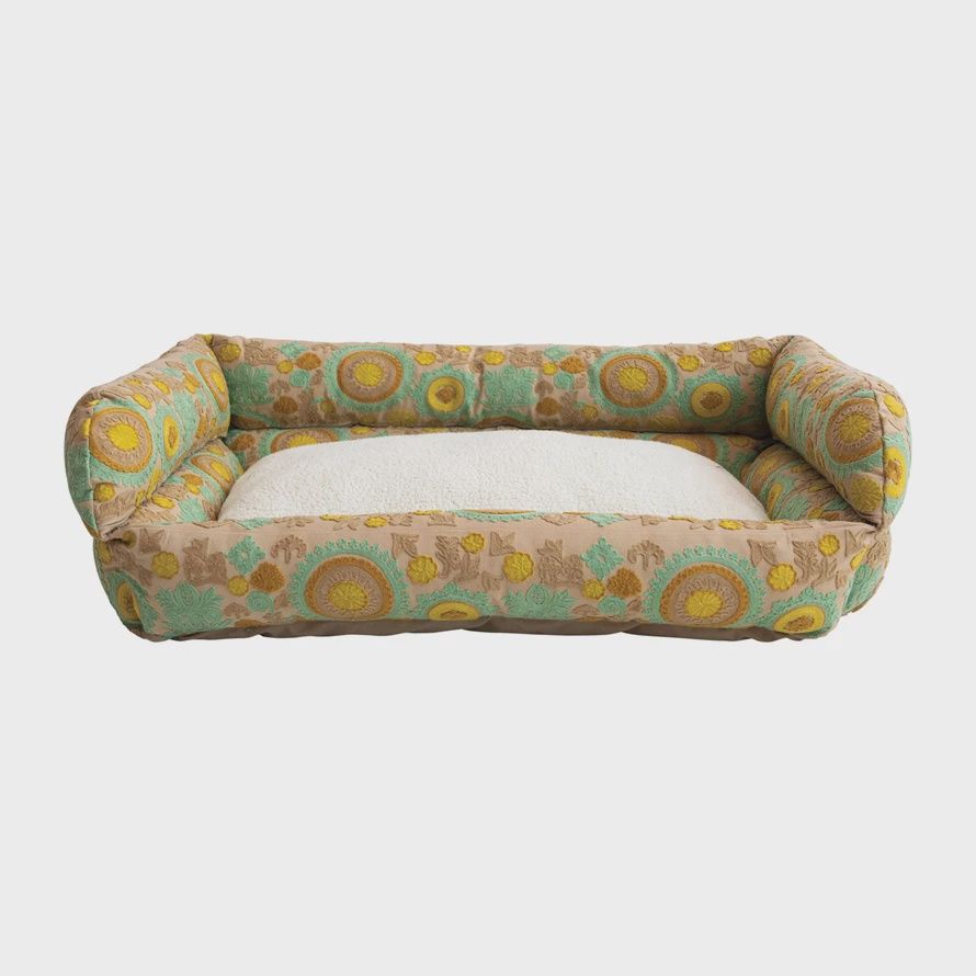 Mint Embroidered Plush &amp; Sherpa Lined Dog Bed