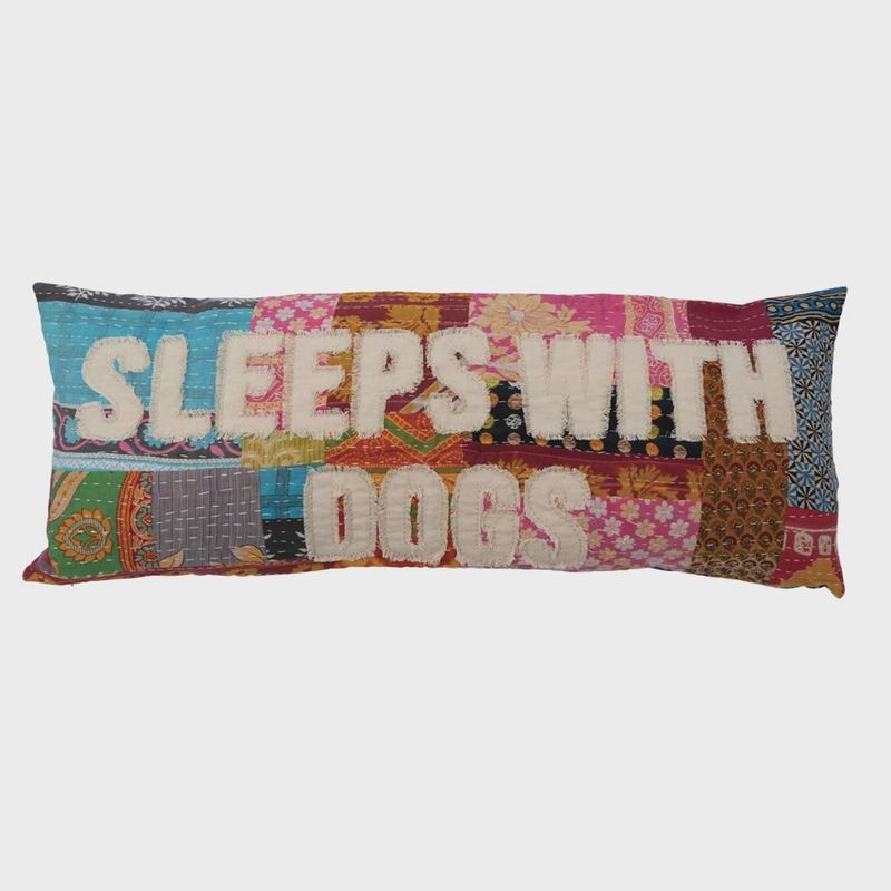 36&quot; x 14&quot; Vintage Kantha Patchwork Lumbar Pillow &quot;Sleeps with Dogs&quot;