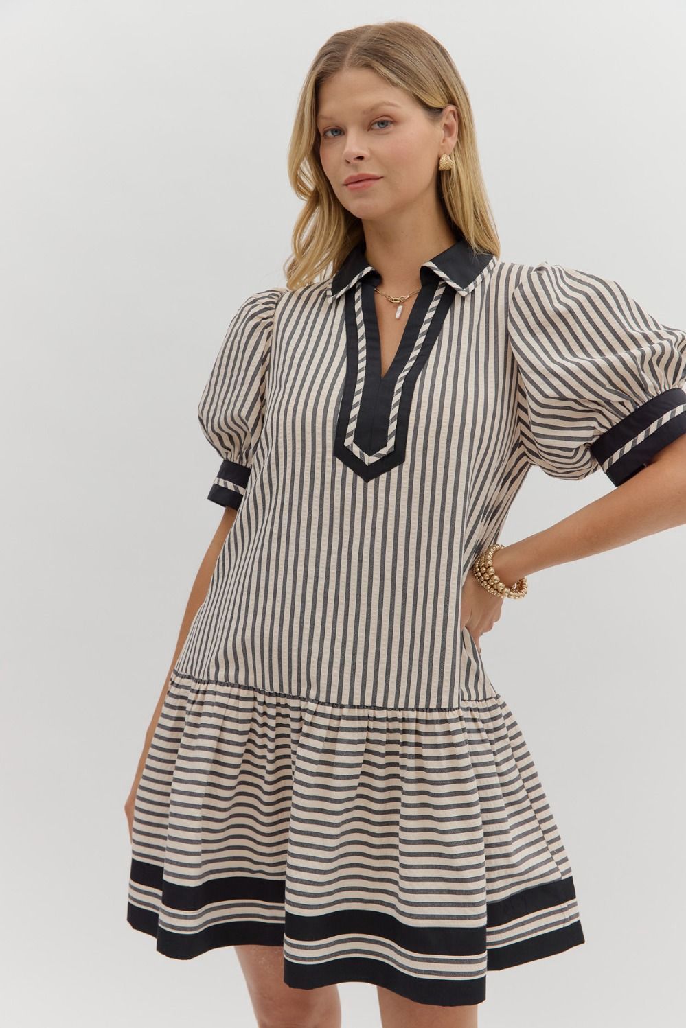 Textured Stripe Puff Sleeve Mini Dress