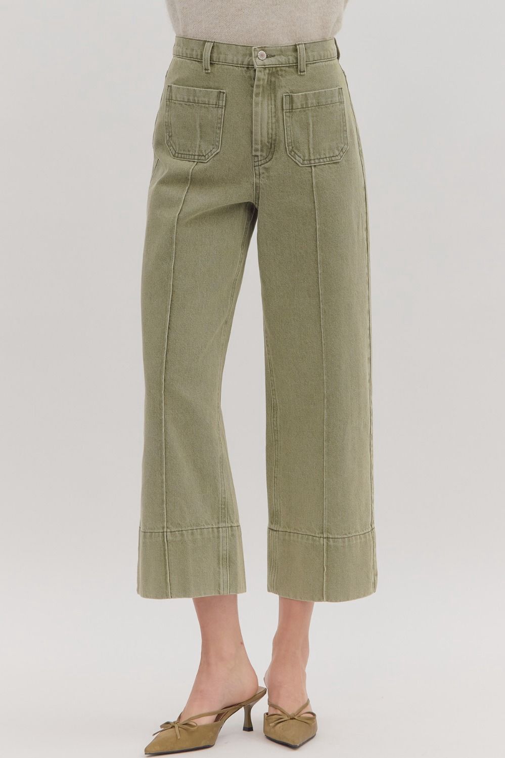 Solid Wide Leg Ankle Length Pant, Colour: Olive, Size: Small