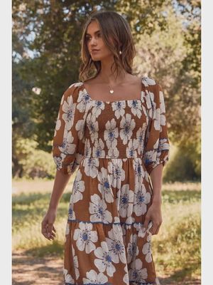 Floral Print Tiered Midi Dress