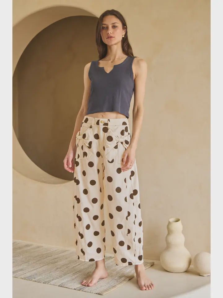 Polka Dot Barrel Pants w. Bow Pocket, Colour: Off White w. Brown, Size: Small