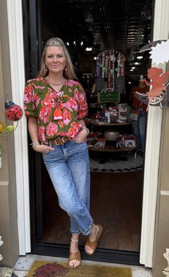 Army Green Floral Puff Sleeve Blouse