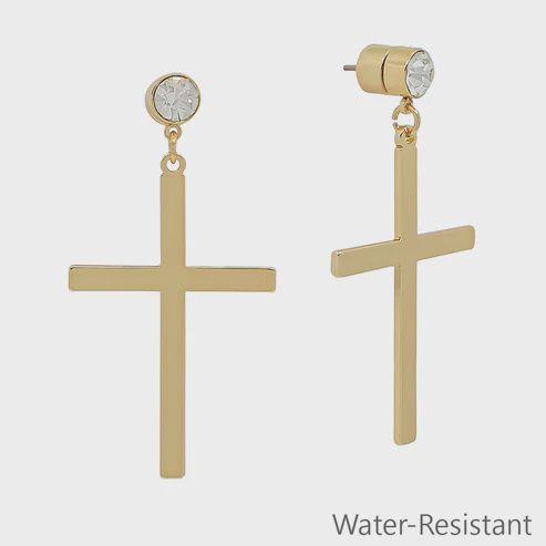 2&quot; CZ Stud &amp; Cross Drop Earring, Colour: Gold