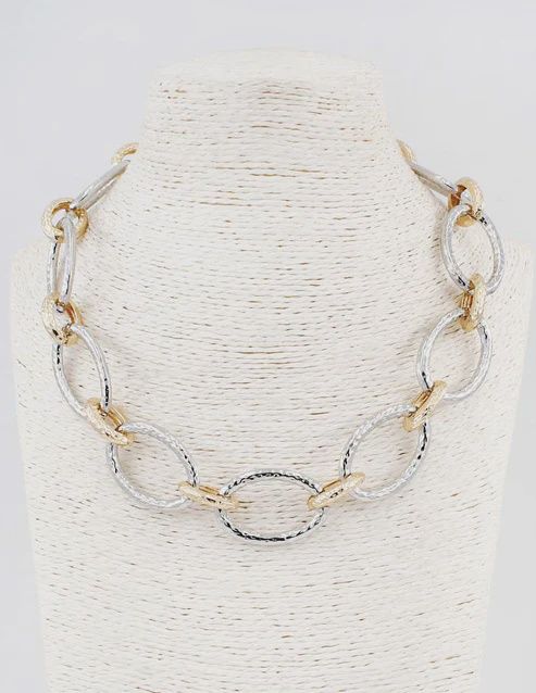 Gold and Silver Hammered Textured Open Circle Chunky 16&quot;-18&quot; Necklace