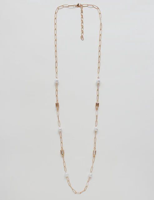 Gold Textured Chain with Clear Crystal and Pearl 32&quot; Necklace