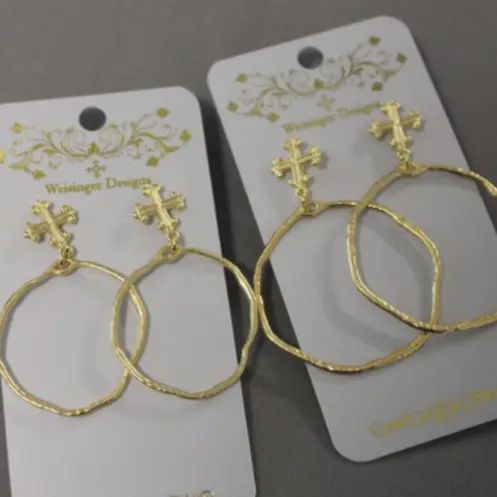Gold Cross Post Earring w. Med. Hoop