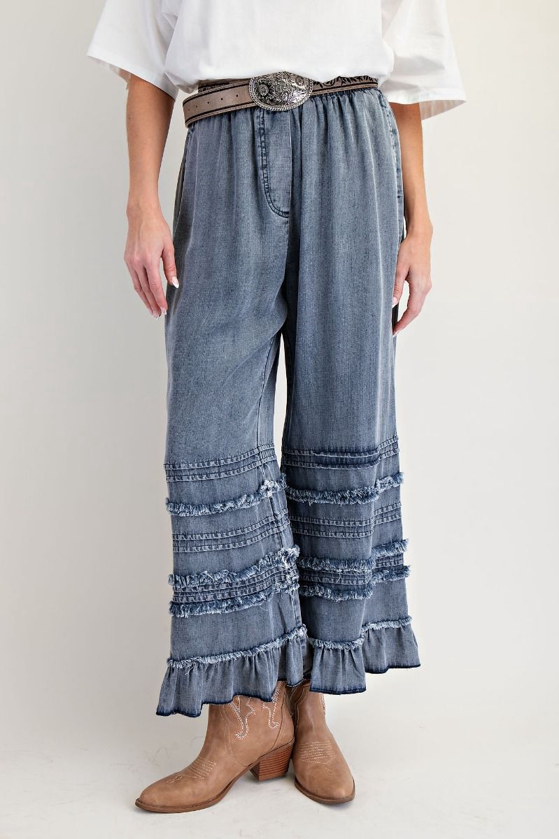 Fray Washed Chambray Ruffle Pants