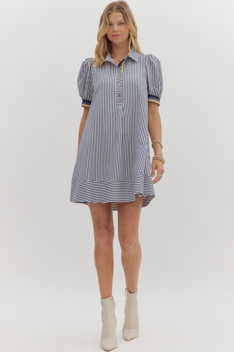 Stripe Collared Dress w. Puff Sleeve, Colour: Navy, Size: Small