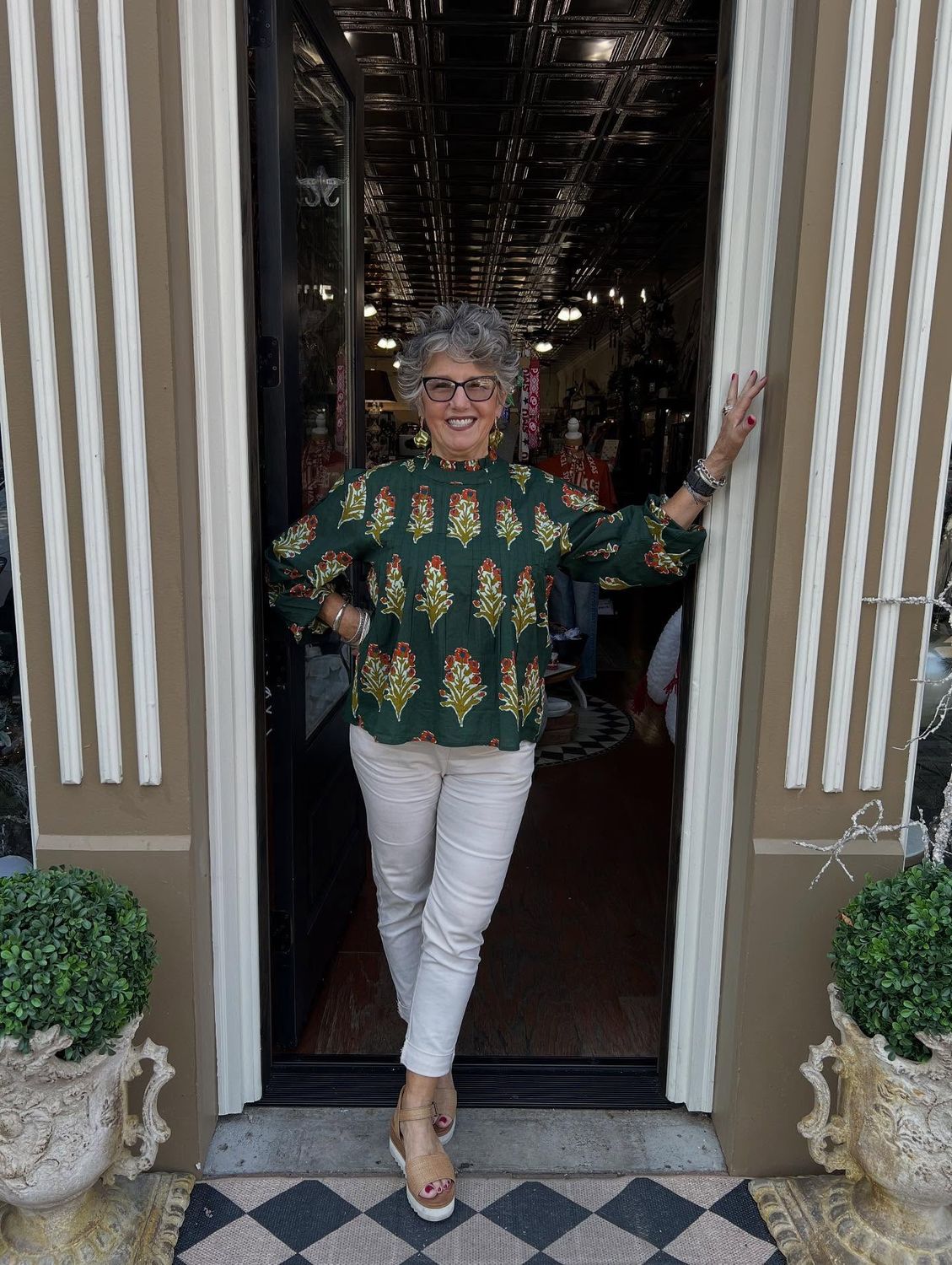 Green Long Sleeve Floral Top