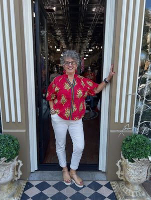 Red Puff Sleeve Floral Detail Top
