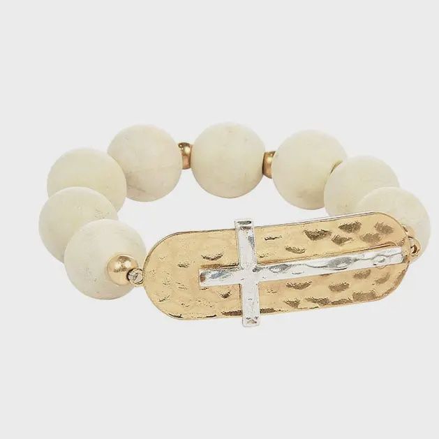 Wooden Bead Cross Bracelet, Colour: Cream