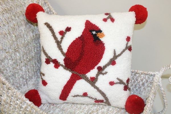Cardinal Pom Pom Hooked Pillow