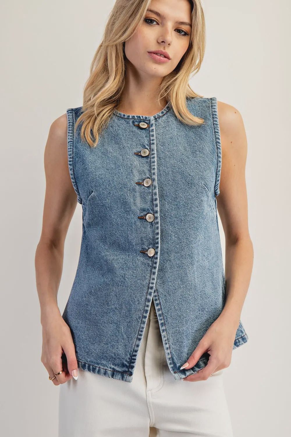 Button Down Front Slit Denim Vest