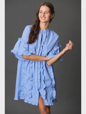 Blue Stripe Ruffled Detail Tunic Mini Dress