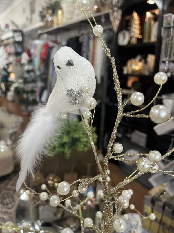 6.25&quot; White Bejeweled Bird on Clip