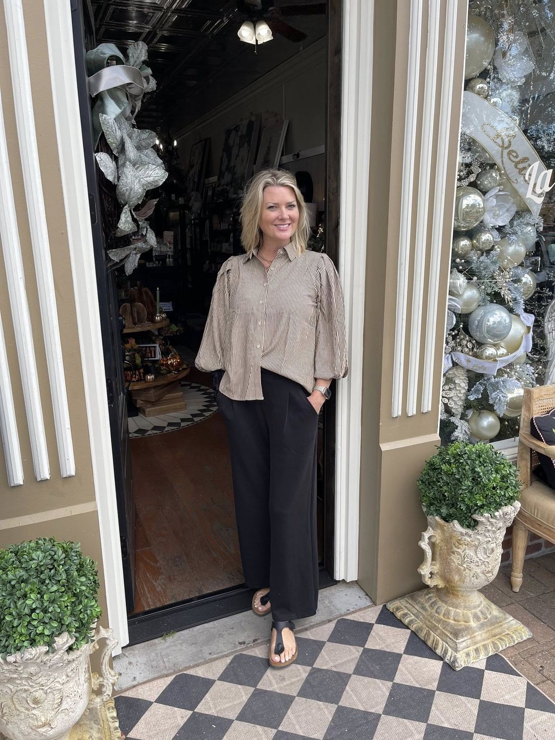 Taupe Stripe Puff Sleeve Blouse