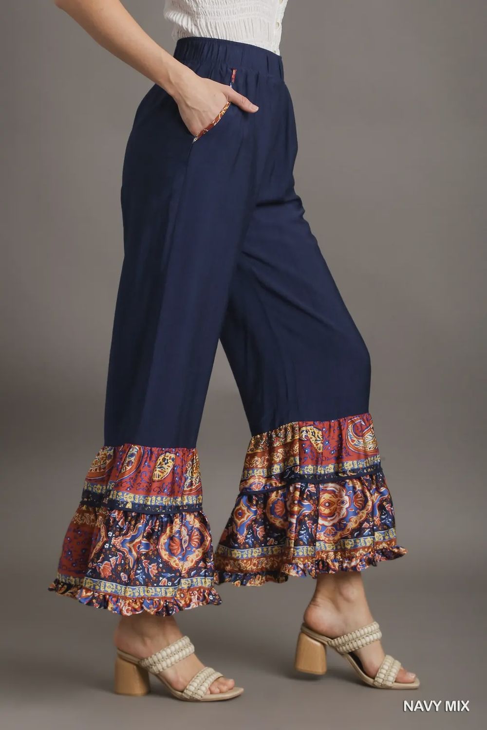 Boho Flare Paisley Hem Pant, Colour: Navy, Size: Small