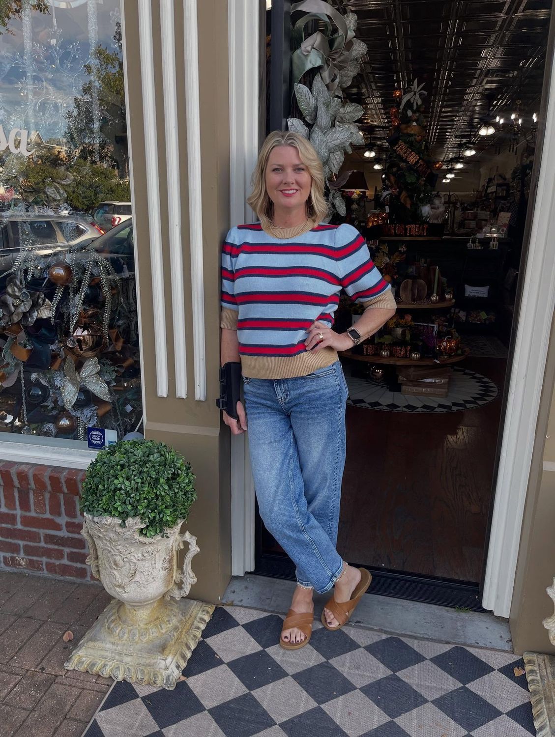 Short Sleeve Striped Blue &amp; Red Knit Blouse