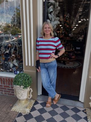 Short Sleeve Striped Blue &amp; Red Knit Blouse