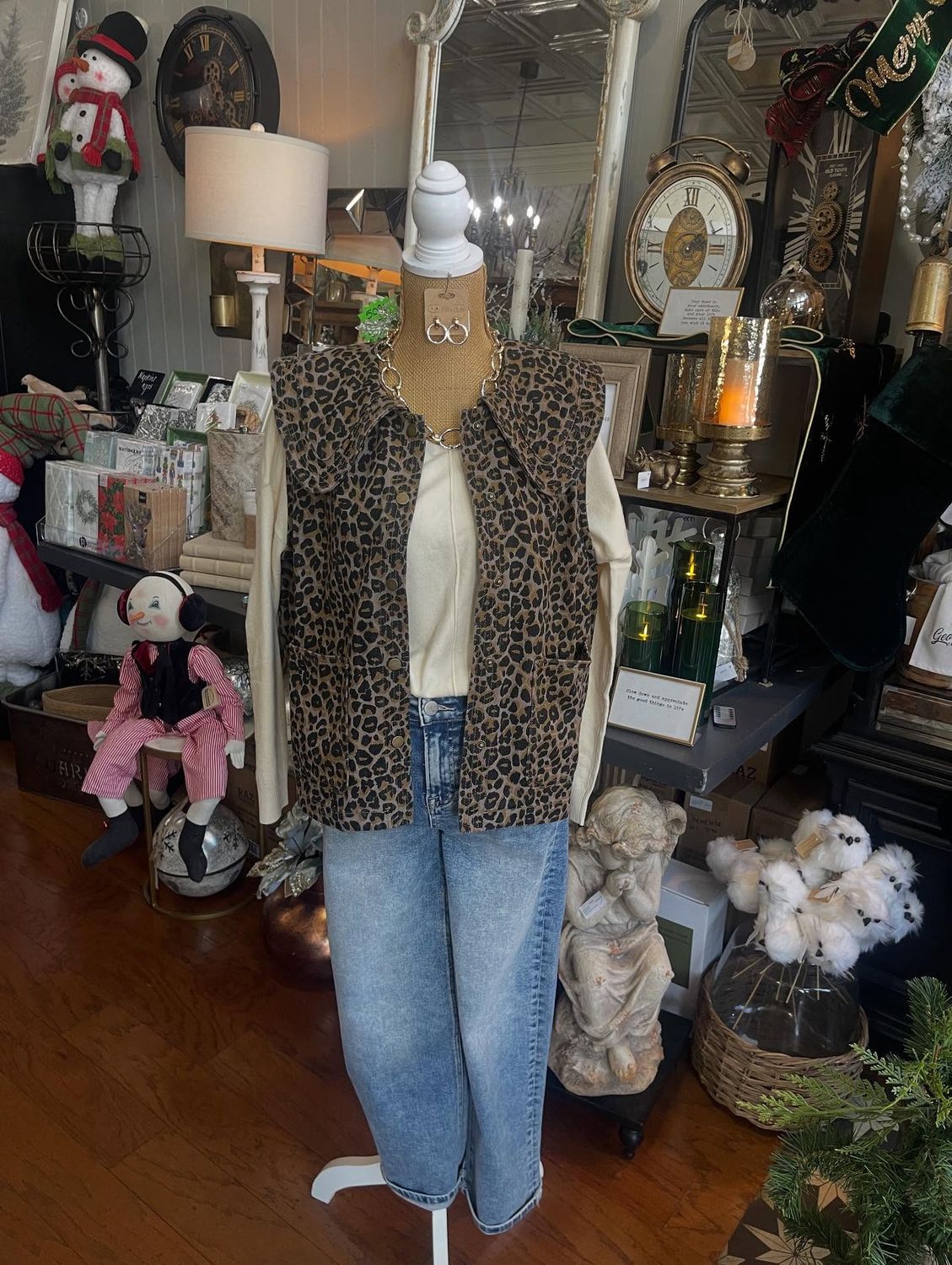Collared Leopard Print Denim Vest