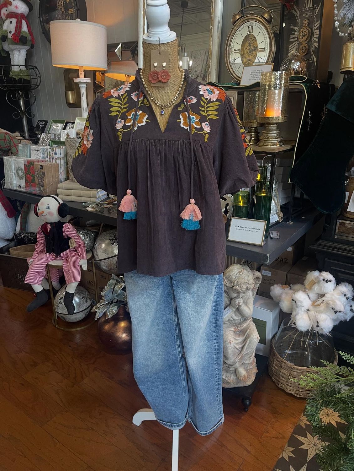 Brown Floral Embroidered Blouse