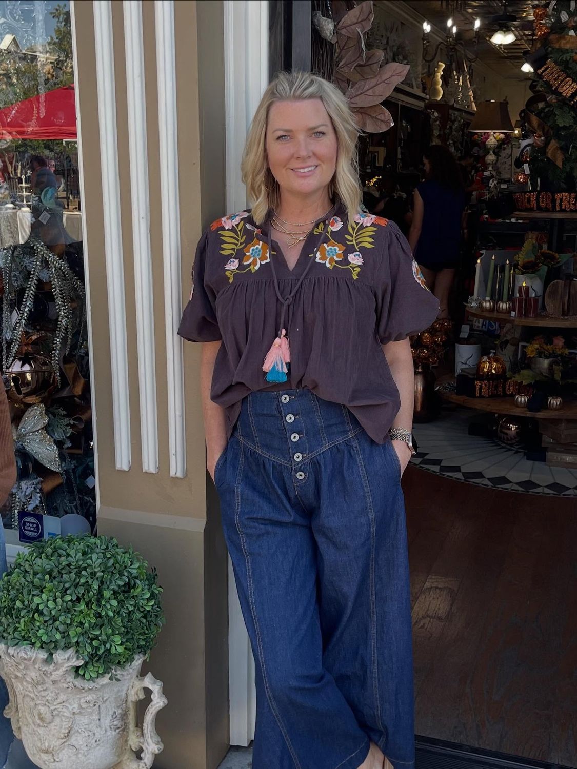 Brown Floral Embroidered Blouse