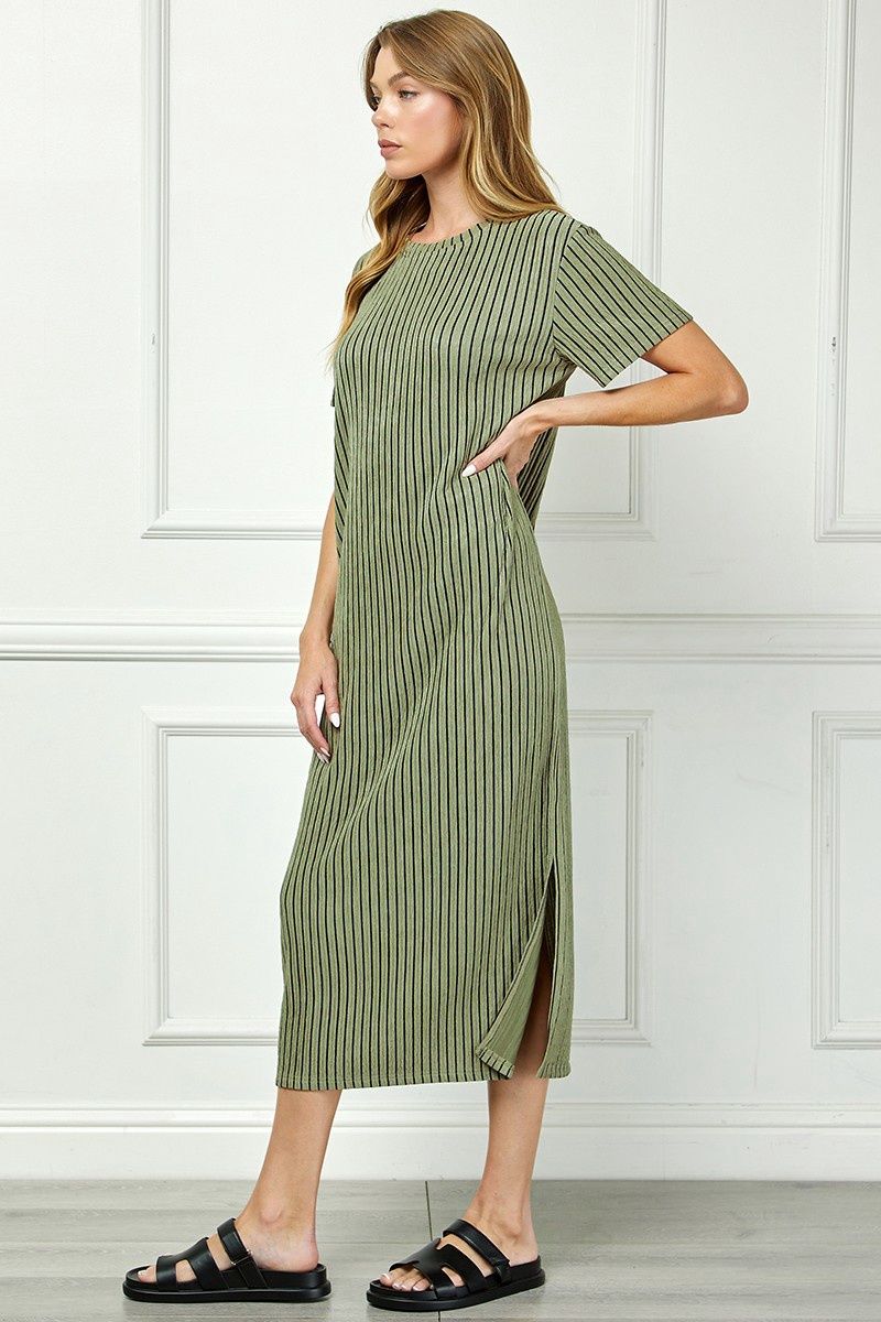 Striped Midi Dress W/ Side Slits Sage, Colour: Sage, Size: Small