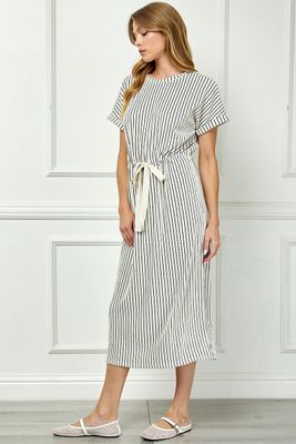 Striped Midi Dress With Drawstring Waist