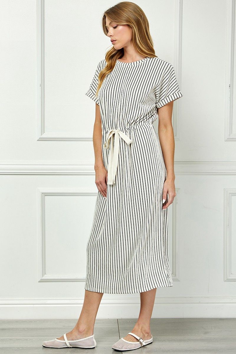 Striped Midi Dress With Drawstring Waist, Colour: Cream, Size: Small