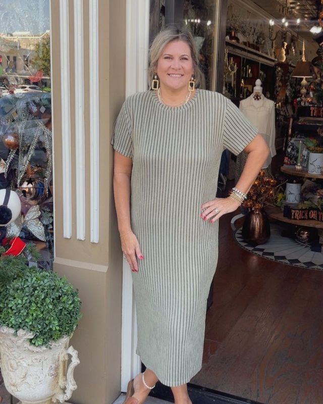Striped Midi Dress W/ Side Slits Sage
