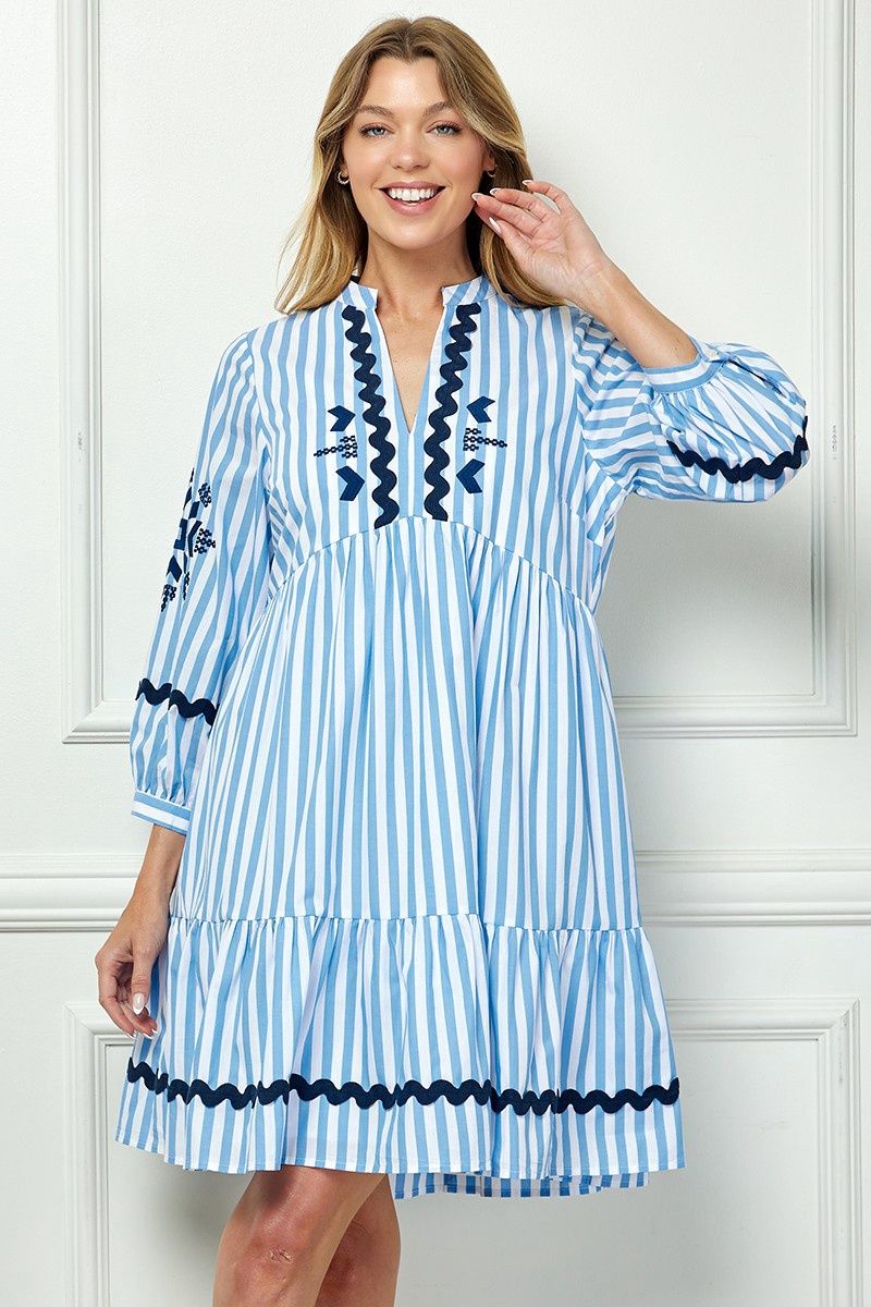Blue Trimmed Stripe Dress