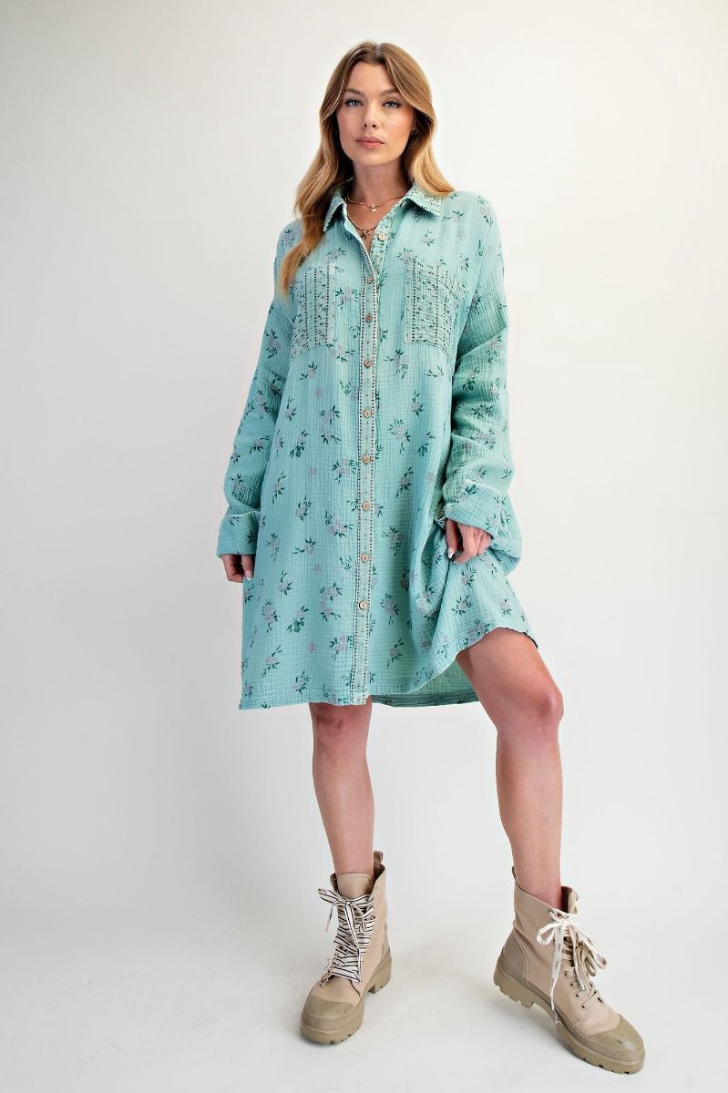 Printed Cotton Gauze Washed Shirt Dress