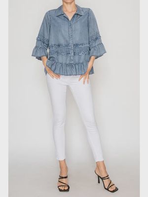Lightweight Chambray Ruffle Detailed Top
