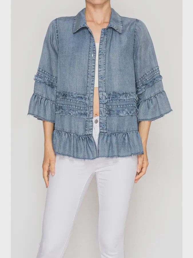 Lightweight Chambray Ruffle Detailed Top, Size: Small