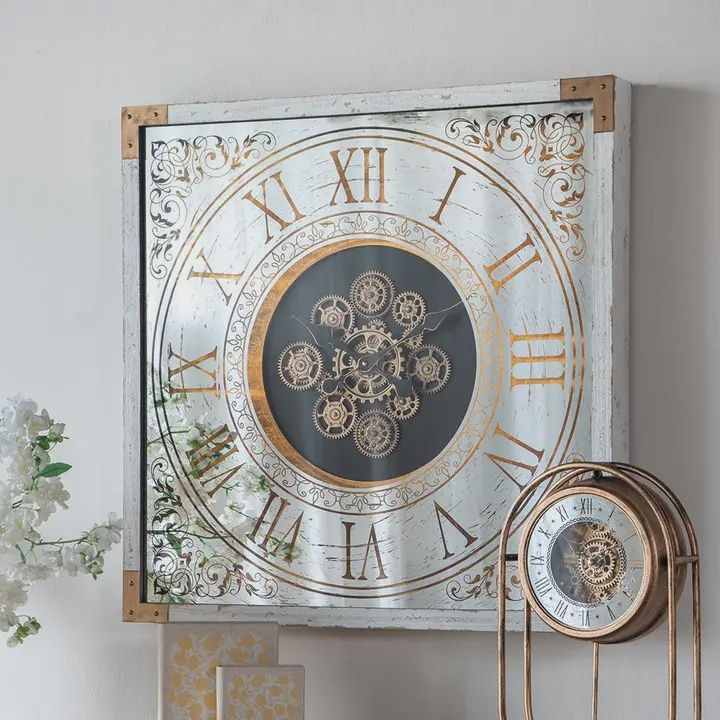 Square Mirror Gear Clock Distressed White