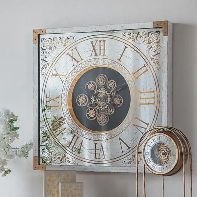 Square Mirror Gear Clock Distressed White