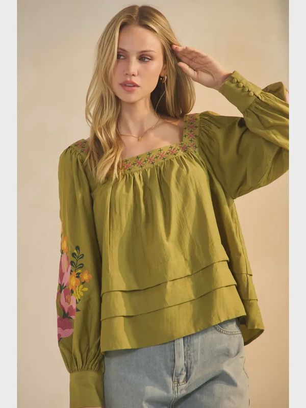 Light Olive Embroidered Blouse with Floral Details