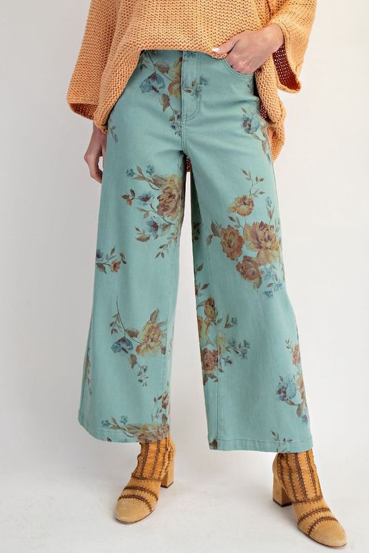 Flower Print Stretch Washed Twill Pants
