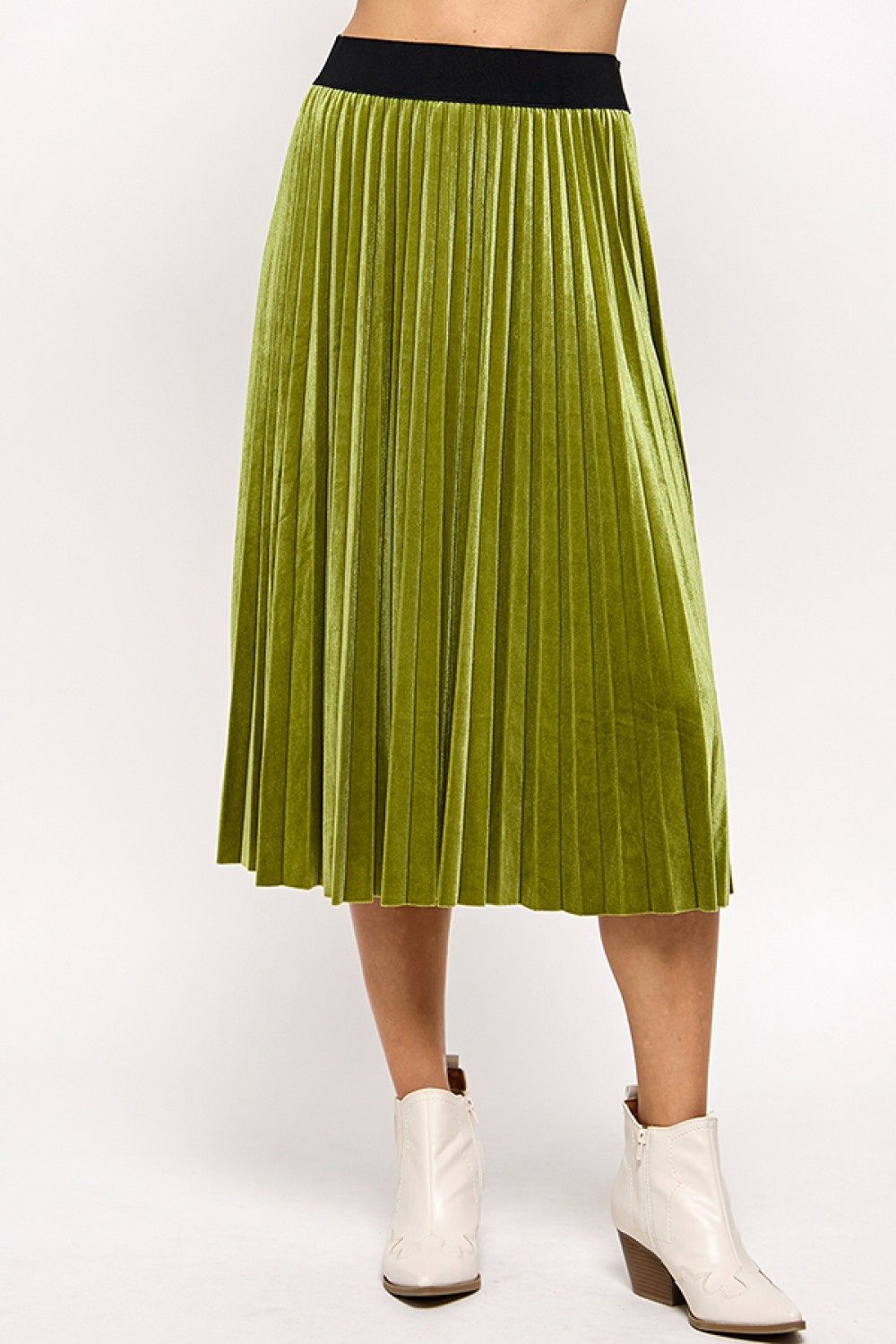 Moss Velvet Pleated Skirt