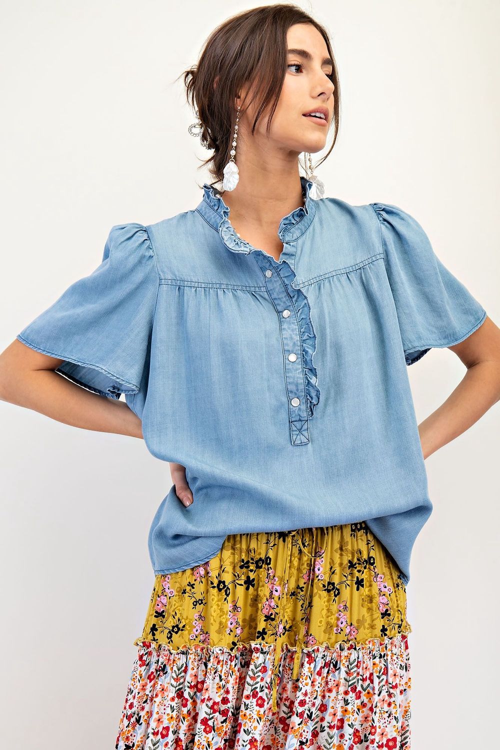 Chambray Button Down Woven Top, Colour: Washed Denim, Size: Small