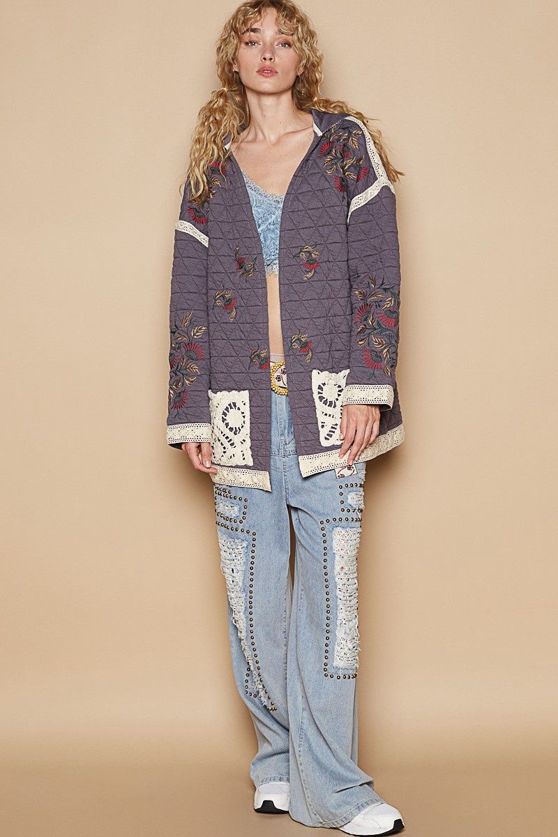 Vintage Washed Embroidered Quilted Jacket, Size: Antique Navy Small