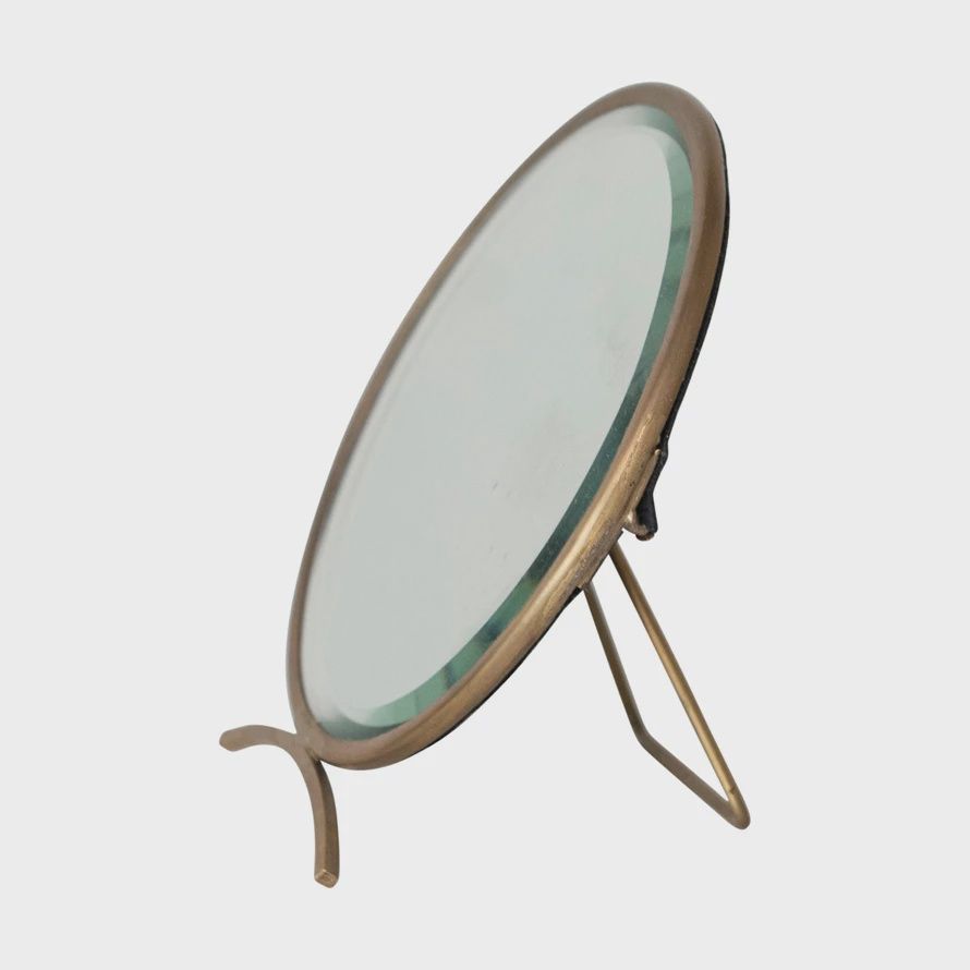 5" Round 5.5" H Holding Brass Mirror, Antique Finish
