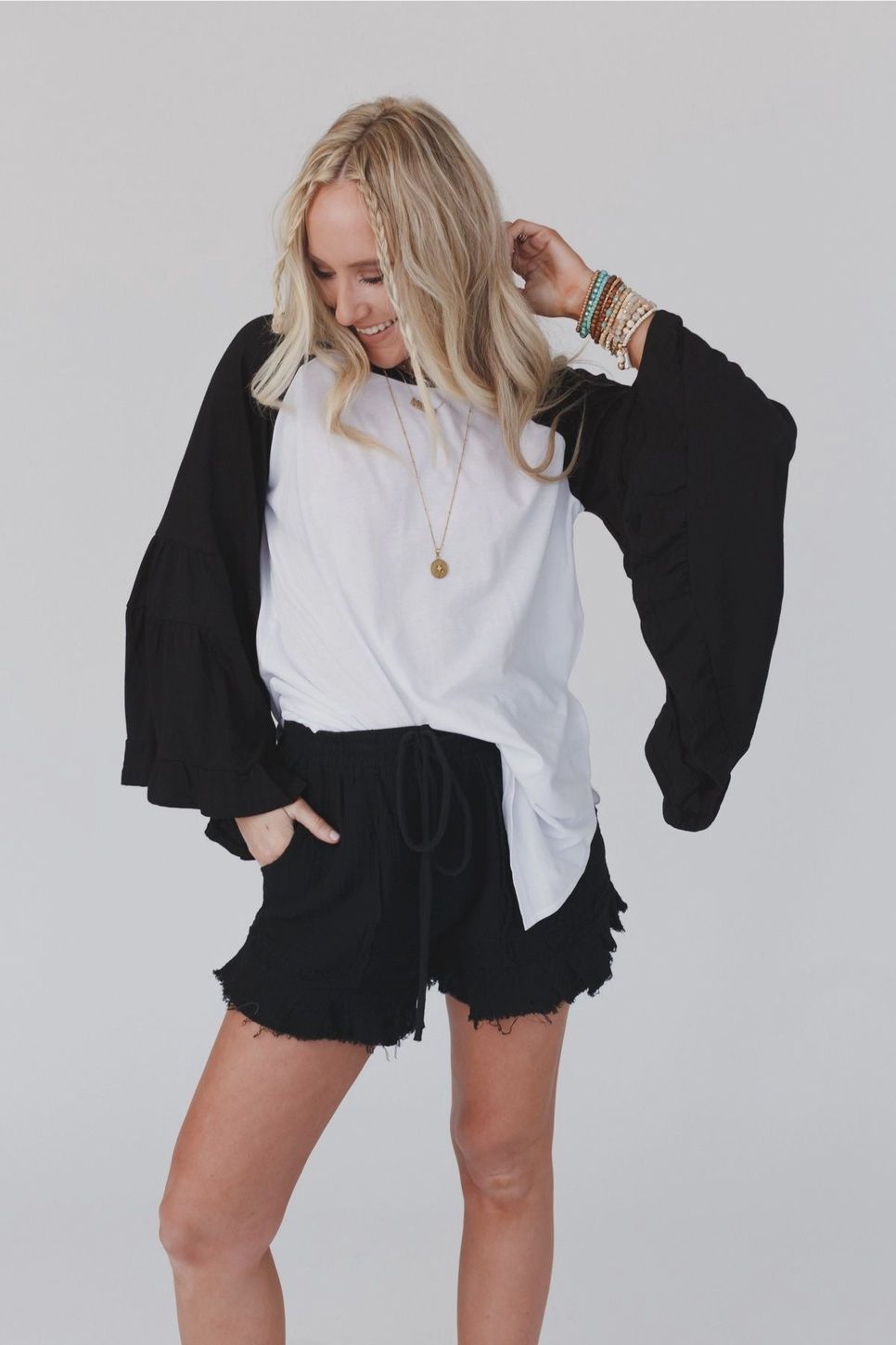 Bell Sleeve Baseball Tee, Colour: Black, Size: Small