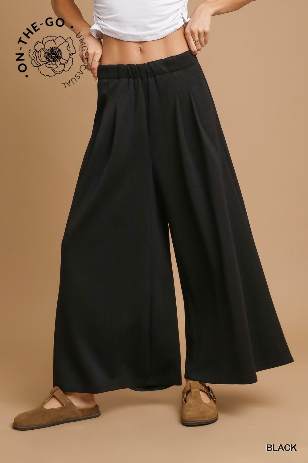 Wide Leg Modal Lounge Pants w/ Pleats, Colour: Black, Size: Large