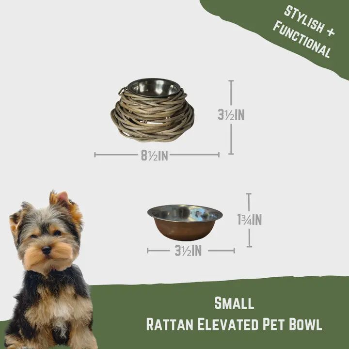 Rattan Pet Bowl w. Stainless Steel Bowl, Size: Small- 2" H