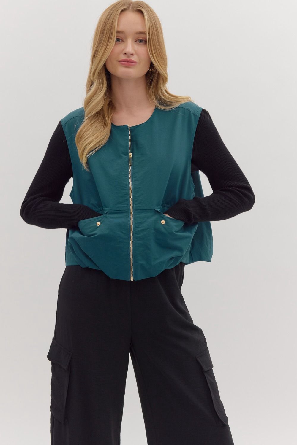 Sleek Sleeveless Zip-Up Vest, Colour: Teal, Size: Small